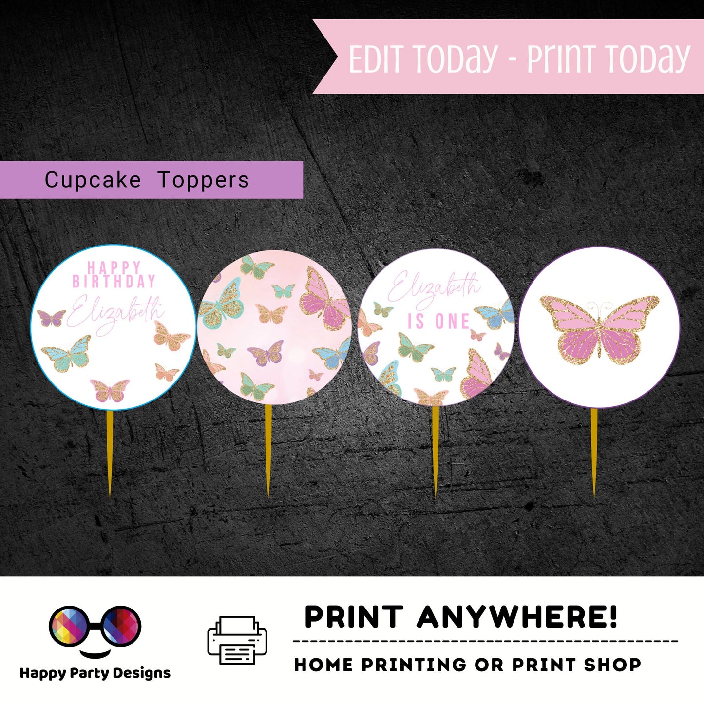 Editable Butterfly Round cupcake toppers | butterfly birthday | Garden Birthday Party | Whimsical Spring | girl Party | stickers #K9