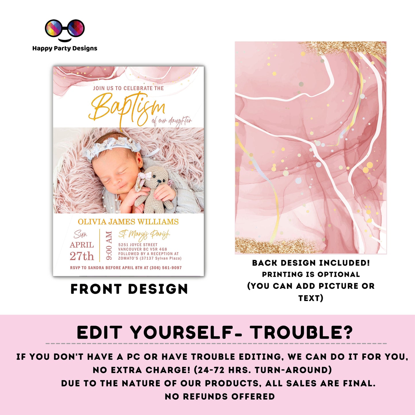 Pink Watercolor Baptism Invitation Template | Gold Christening Baptism | Invitation Girl with picture | Christening | Instant Download