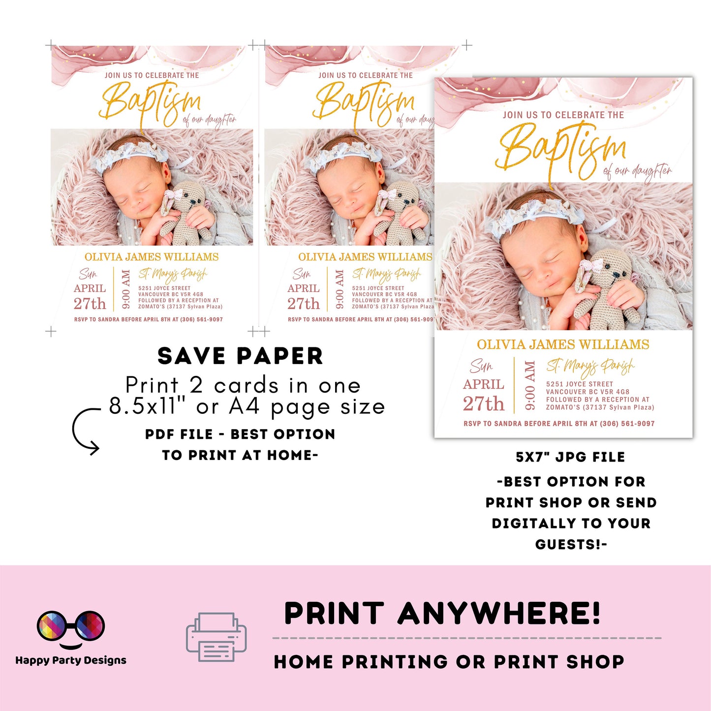 Pink Watercolor Baptism Invitation Template | Gold Christening Baptism | Invitation Girl with picture | Christening | Instant Download