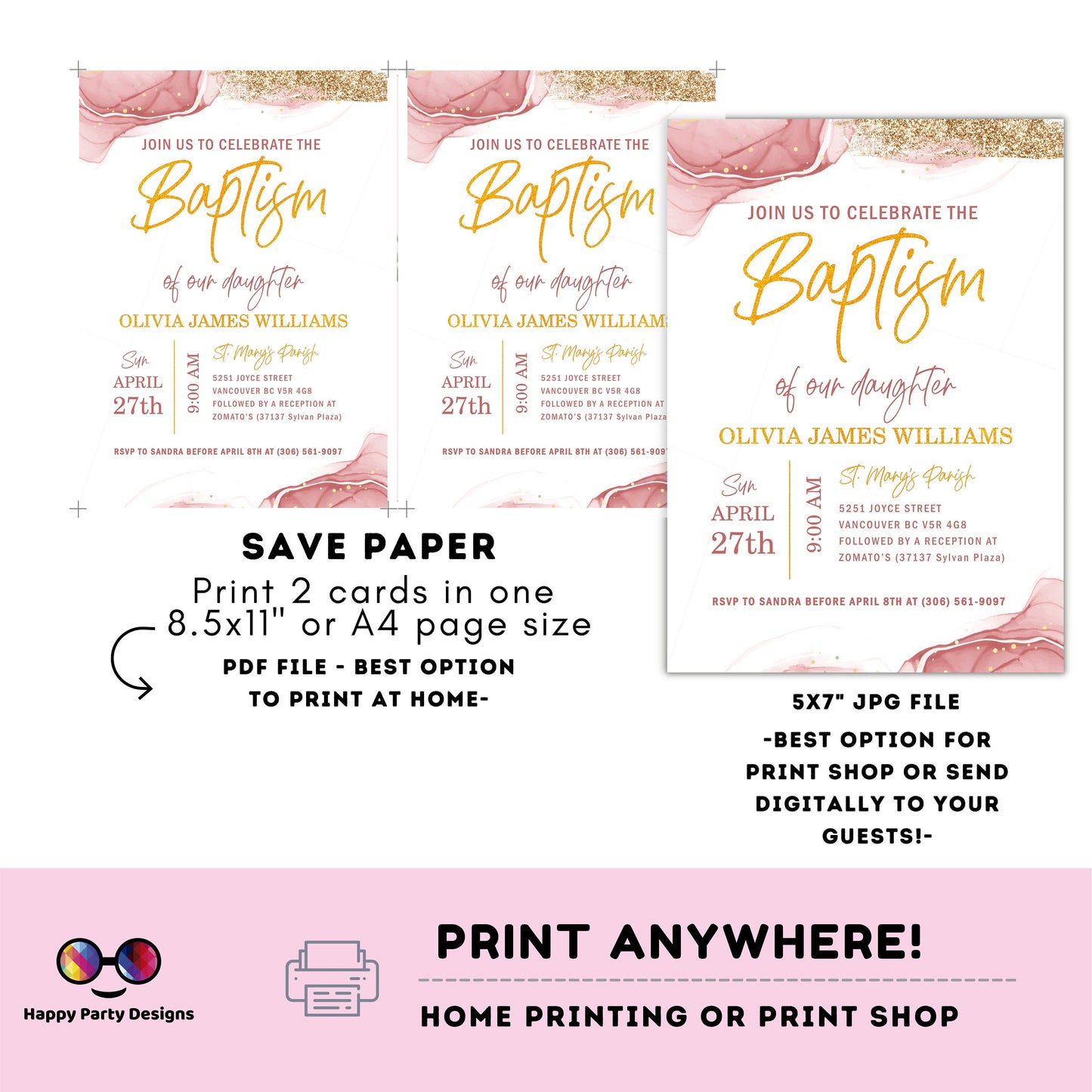 Pink Watercolor Baptism Invitation Template | Gold Christening Baptism | Invitation Girl | Christening | Instant Download #R1
