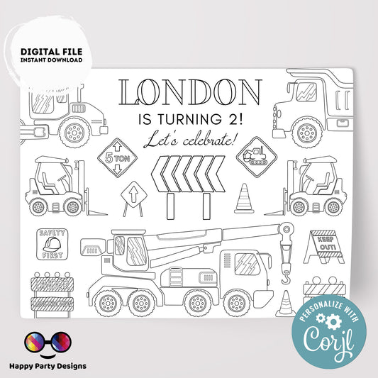 Editable construction coloring page | Placemat coloring page | Any Age | Trucks birthday | Game under construction Party Activity