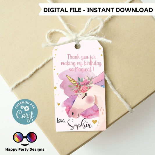 Editable Unicorn Favor Tags  | Unicorn Magical Birthday Thank you tags  | Birthday Gift Tags | Pink gold Template | gift tag | #0001