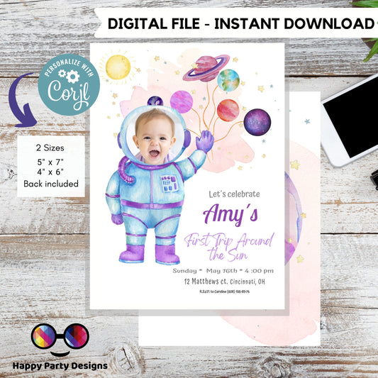 Editable Outer Space First Birthday Invitation Galaxy Blast Off First Trip Around the Sun Space Girl photo Download Printable Template Corjl