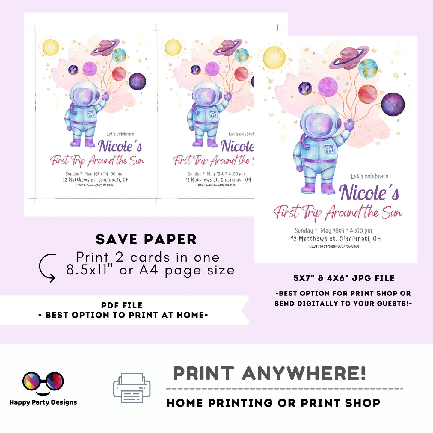 Editable Outer Space First Birthday Invitation Galaxy Blast Off First Trip Around the Sun Space Girl  Download Printable Template Corjl