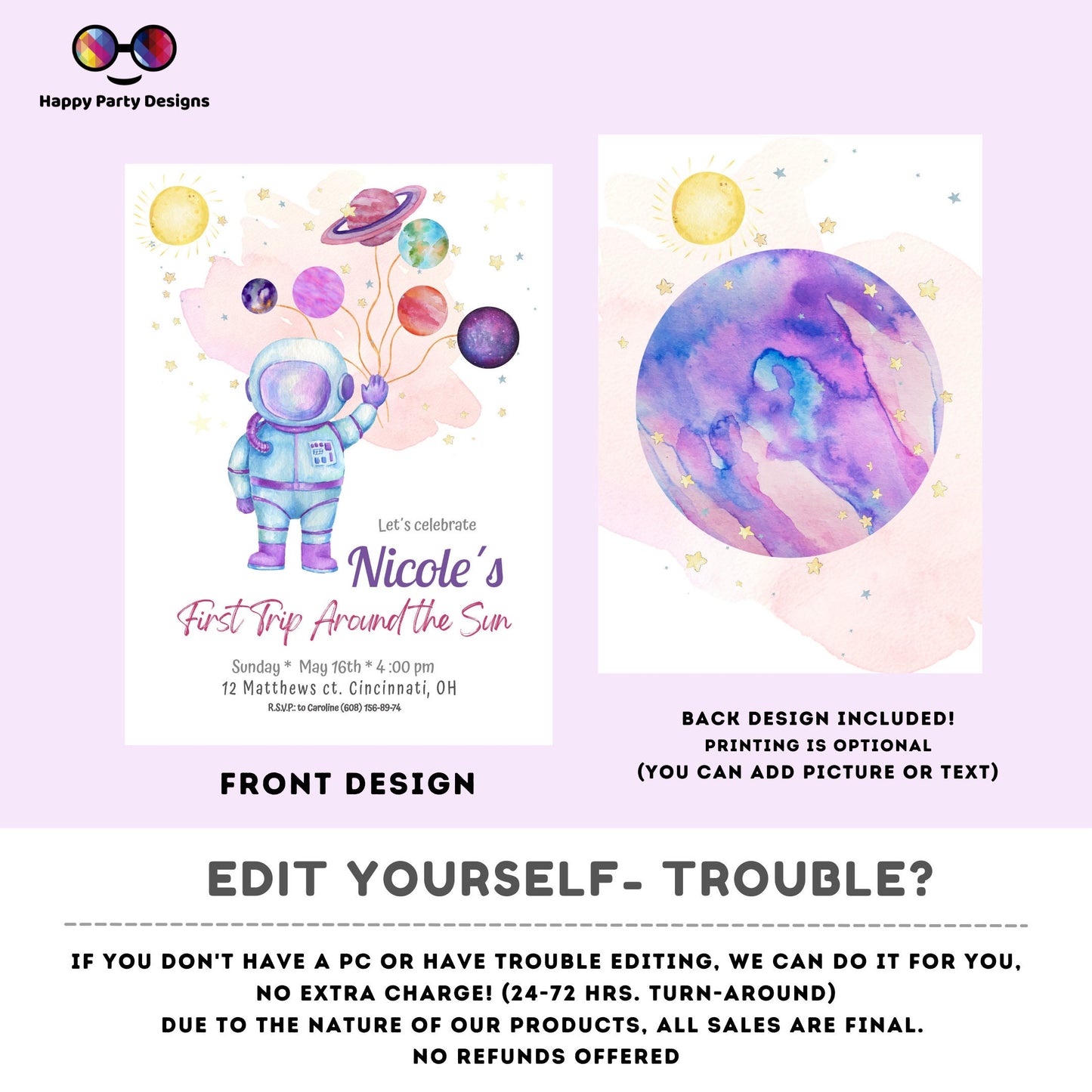 Editable Outer Space First Birthday Invitation Galaxy Blast Off First Trip Around the Sun Space Girl  Download Printable Template Corjl