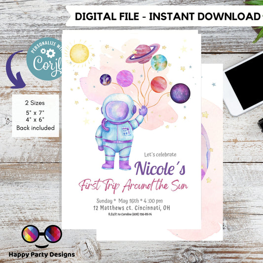 Editable Outer Space First Birthday Invitation Galaxy Blast Off First Trip Around the Sun Space Girl  Download Printable Template Corjl