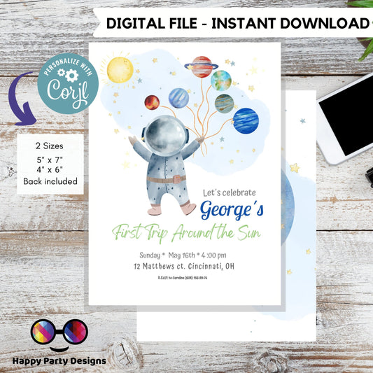 Editable Outer Space First Birthday Invitation Galaxy Blast Off First Trip Around the Sun Space Boy photo Download Printable Template Corjl