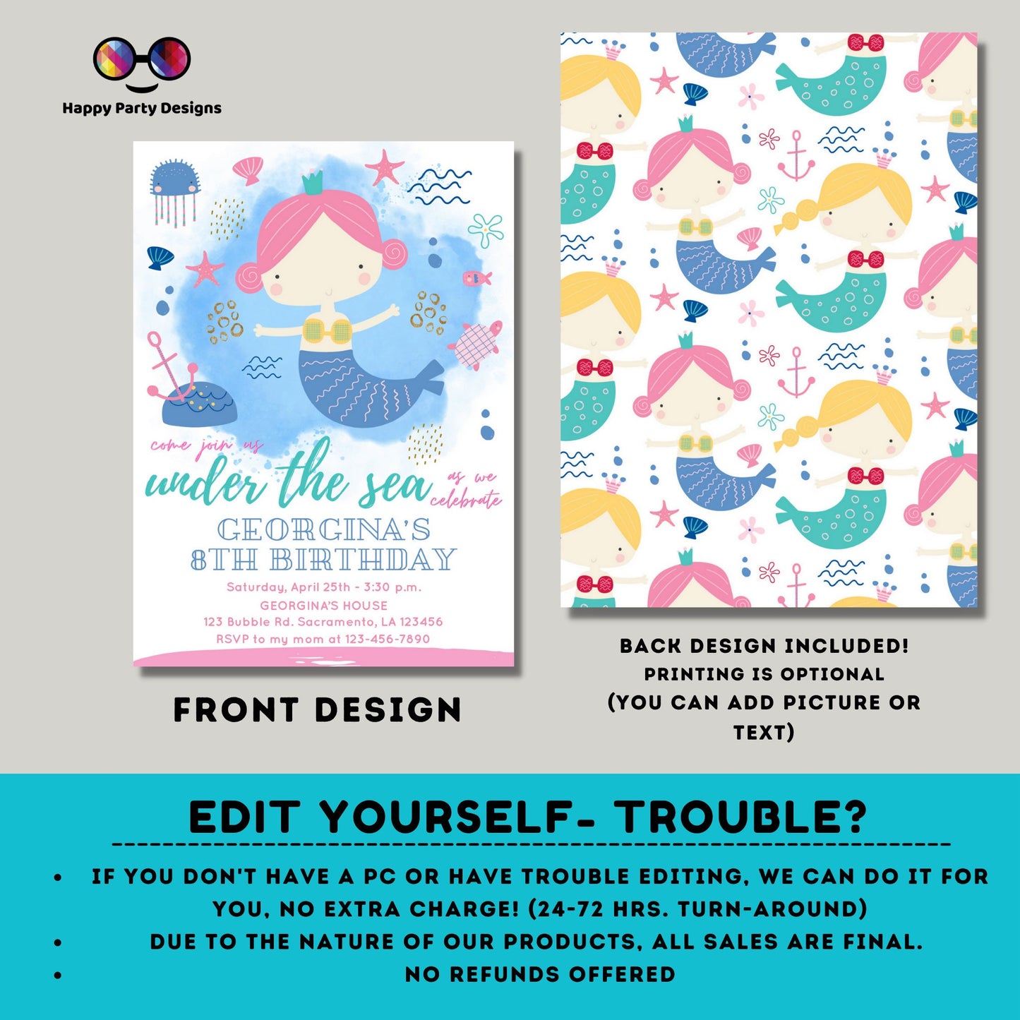 EDITABLE Under the sea Mermaid Birthday Invitation | Girl Birthday | Mermaid Birthday Invite | Little Mermaid Evite | Under The Sea