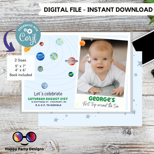 Editable Outer Space First Birthday with photo Invitation Galaxy Blast Off First Trip Around the Sun Download Printable Template Digital