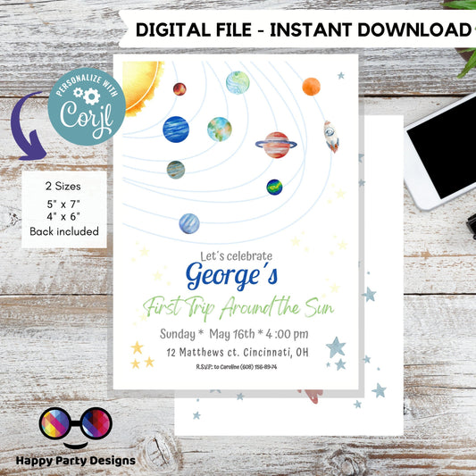 Editable Outer Space First Birthday Invitation Galaxy Blast Off First Trip Around the Sun Download Printable Template Digital Corjl