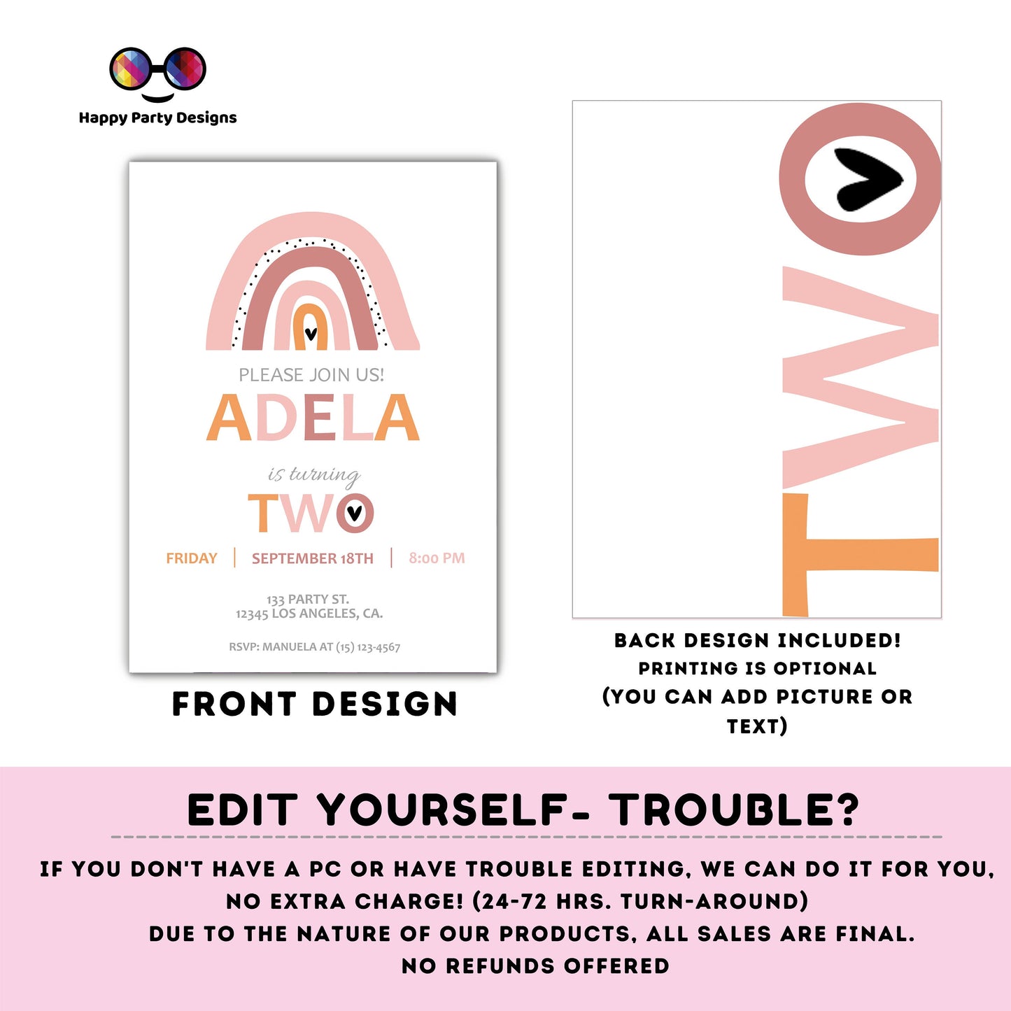 Second birthday Rainbow Invitation | EDITABLE Invitation  | Boho birthday Invitation | Rainbow Birthday | Digital File | Instant Download