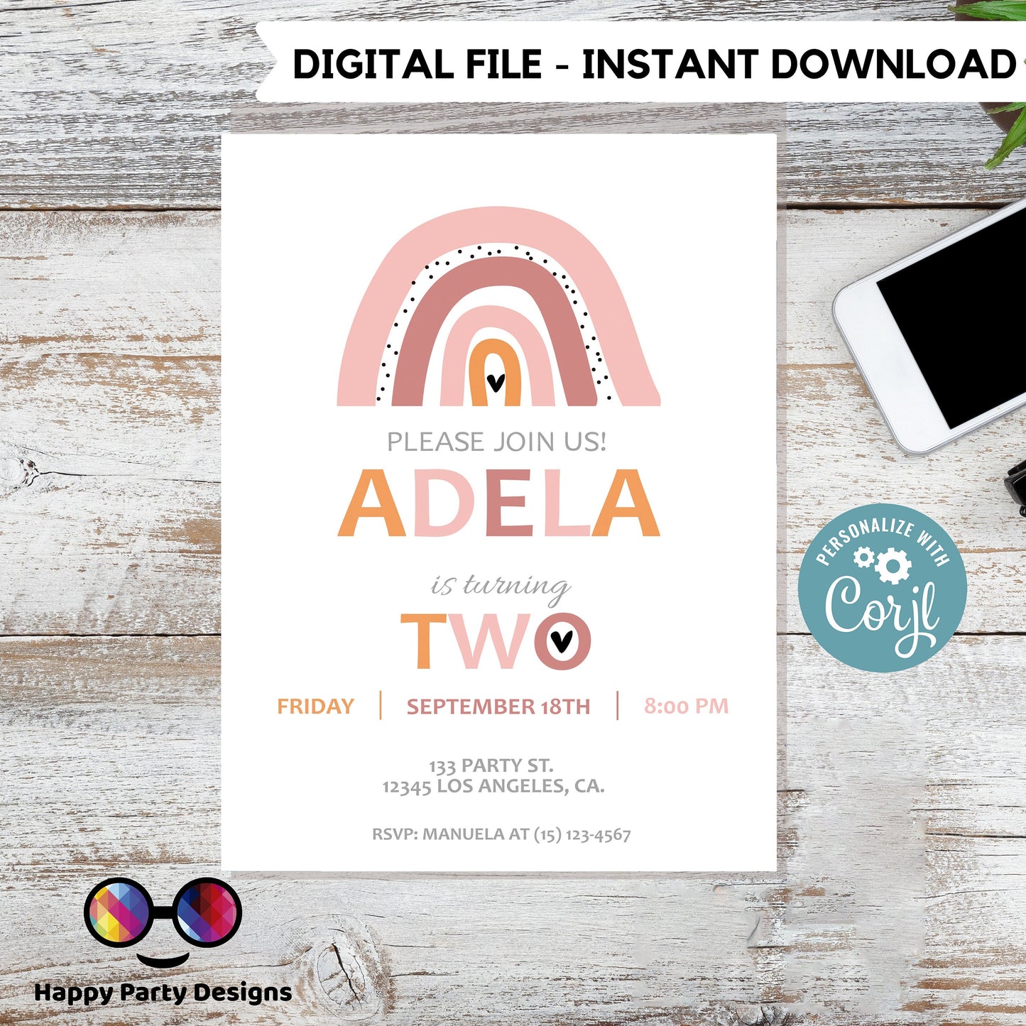 Second birthday Rainbow Invitation | EDITABLE Invitation  | Boho birthday Invitation | Rainbow Birthday | Digital File | Instant Download