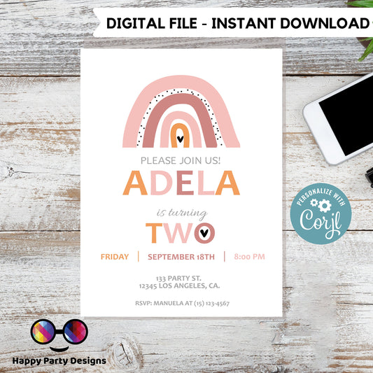 Second birthday Rainbow Invitation | EDITABLE Invitation  | Boho birthday Invitation | Rainbow Birthday | Digital File | Instant Download