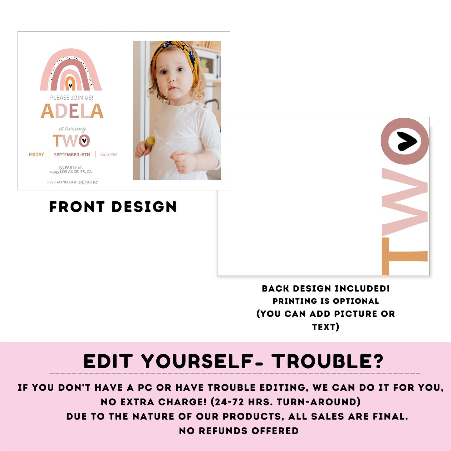 Second birthday Rainbow Invitation with picture | EDITABLE Invitation  | Boho birthday Invitation | Rainbow Birthday | Digital File