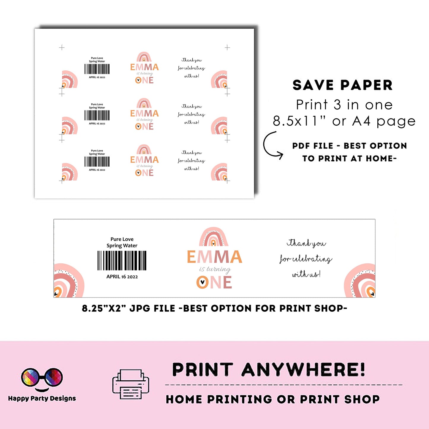 Editable boho rainbow water bottle labels | printable labels |  rainbow labels | Girl birthday |  bottle labels  | girl boho party Rainbow