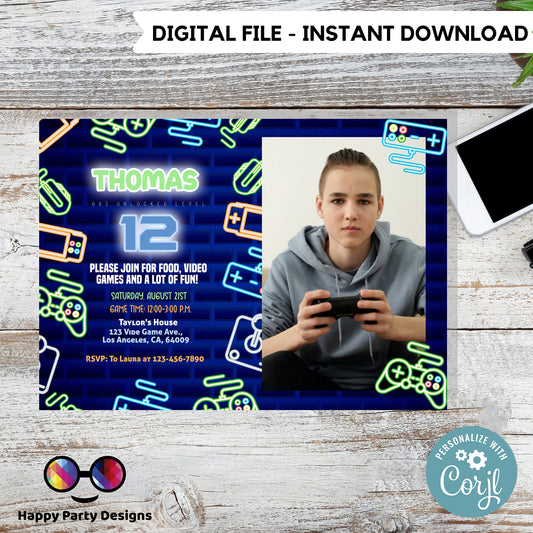Editable video gamer invitation with photo | Digital neon video gamer printable invite | Birthday boy | neon Invitation #K50