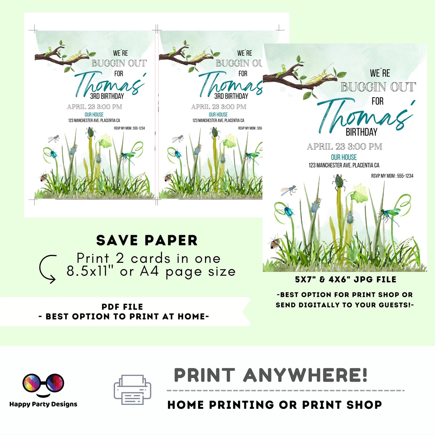 Editable Bug Birthday Invitation Insect Party Bugging Outdoor bug Hunt Bugs Boy Download Printable Invitation Template Digital Corjl
