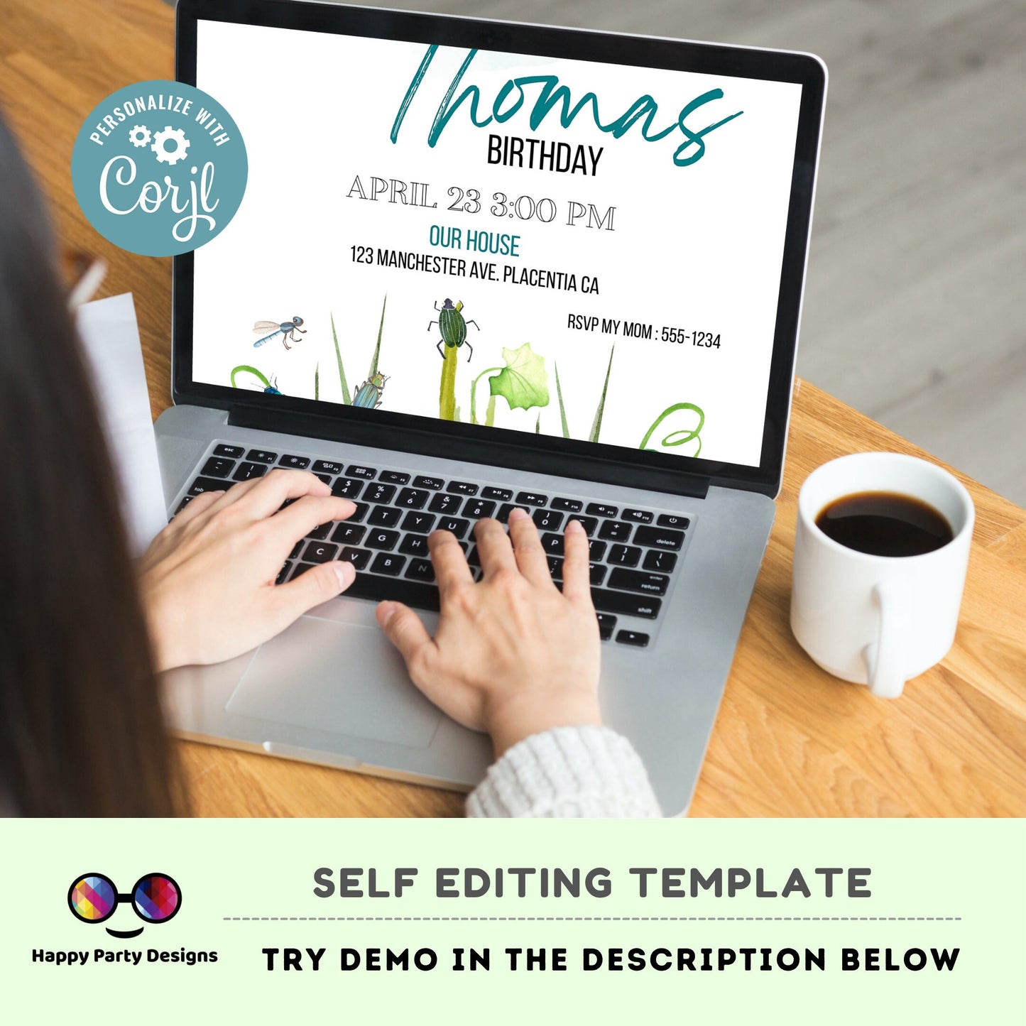 Editable Bug Birthday Invitation Insect Party Bugging Outdoor bug Hunt Bugs Boy Download Printable Invitation Template Digital Corjl