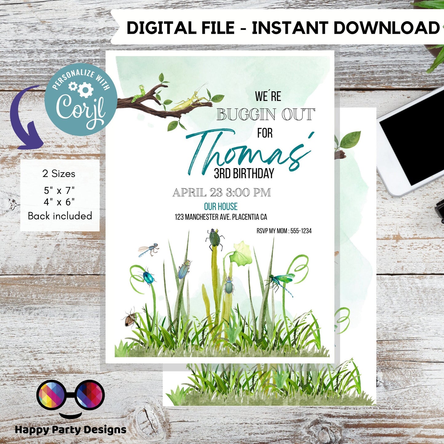 Editable Bug Birthday Invitation Insect Party Bugging Outdoor bug Hunt Bugs Boy Download Printable Invitation Template Digital Corjl