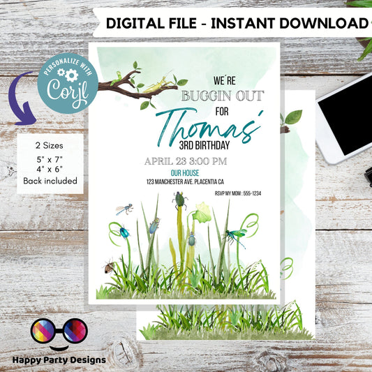 Editable Bug Birthday Invitation Insect Party Bugging Outdoor bug Hunt Bugs Boy Download Printable Invitation Template Digital Corjl