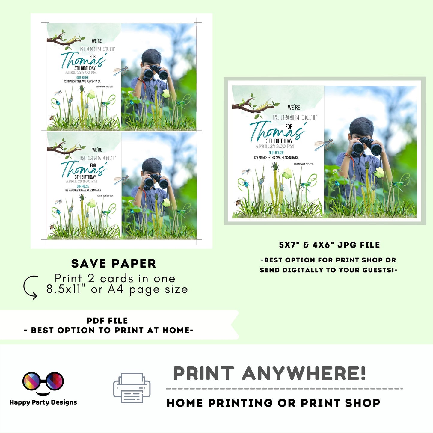 Editable Bug Birthday Photo Invitation Insect Party Bugging Outdoor bug Hunt Bugs Boy Download Printable Invitation Template Digital Corjl
