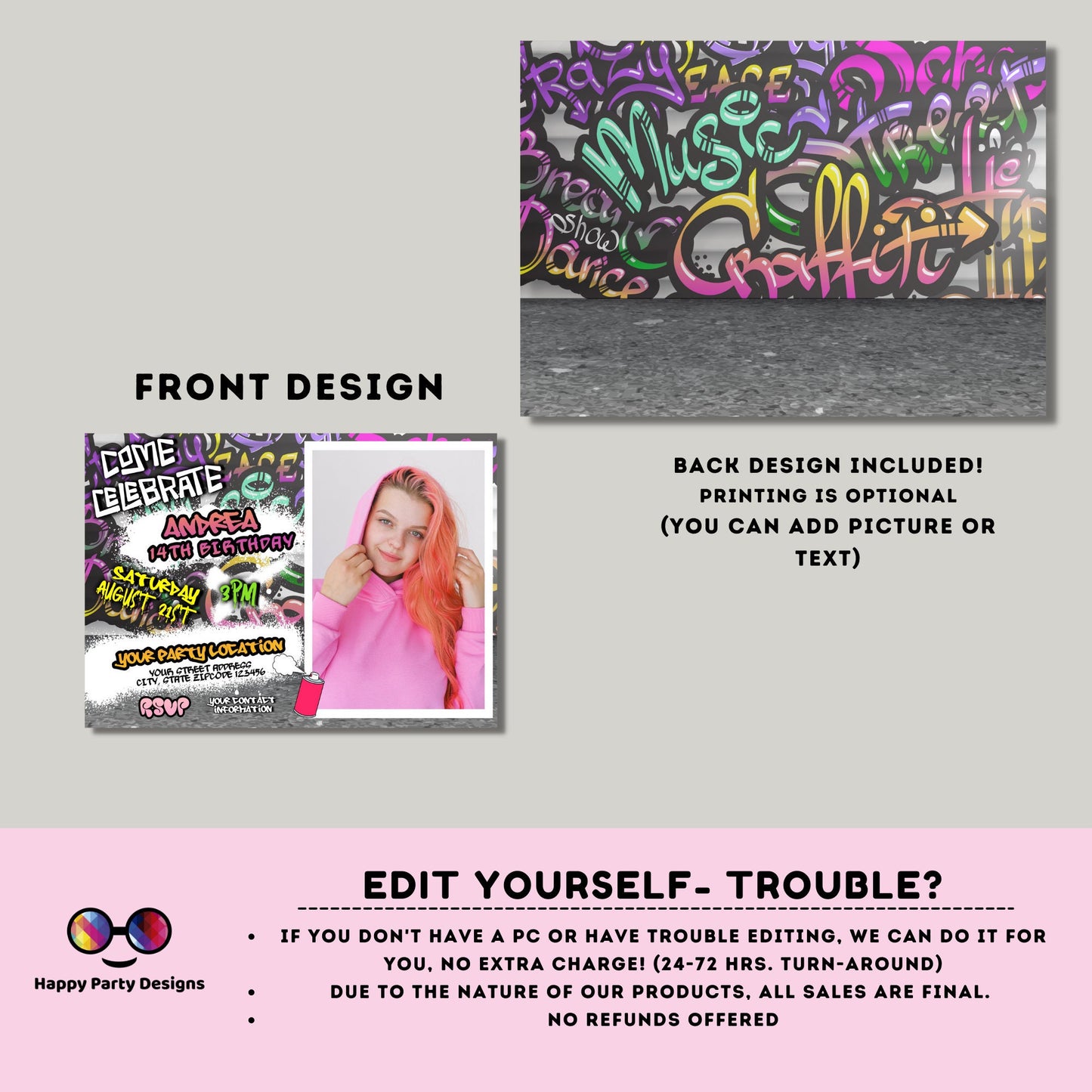 Editable Graffiti invitation with photo | Digital graffiti printable invite | Birthday girl | Graffiti Invitation | Personalize Online #K2