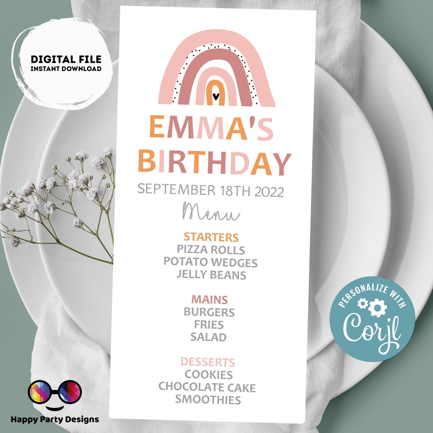 Boho rainbow Menu Template | rainbow birthday | Girl | Boho rainbow themed party | Party supplies | Boho | Bohemian | First birthday