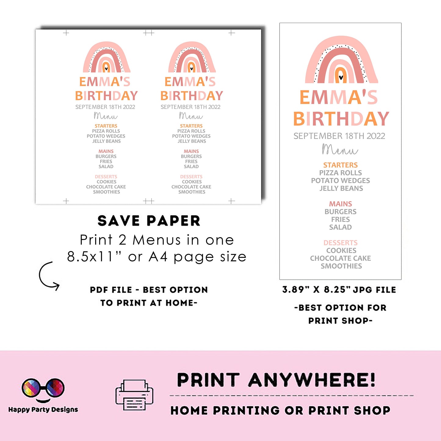 Boho rainbow Menu Template | rainbow birthday | Girl | Boho rainbow themed party | Party supplies | Boho | Bohemian | First birthday