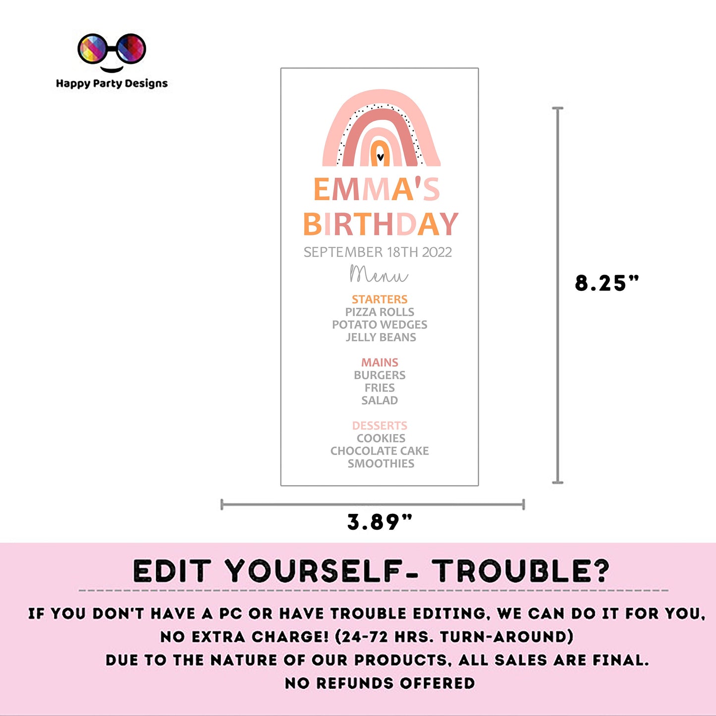 Boho rainbow Menu Template | rainbow birthday | Girl | Boho rainbow themed party | Party supplies | Boho | Bohemian | First birthday