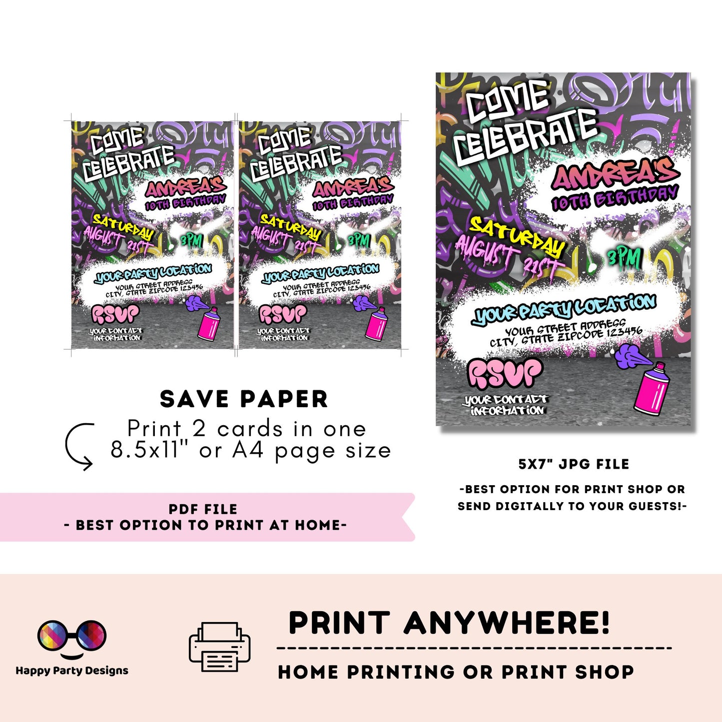 Editable Graffiti invitation | Digital graffiti printable invite | Birthday girl | Graffiti Invitation | Personalize Online