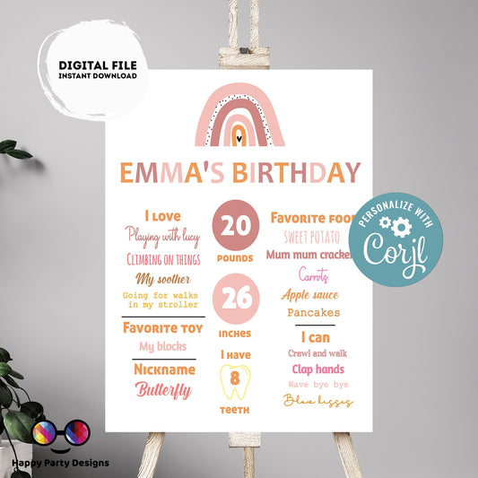 Editable Milestone Sign | Boho rainbow birthday | Rainbow birthday Decorations | baby Girl | Rainbow Sign | Boho party | Boho