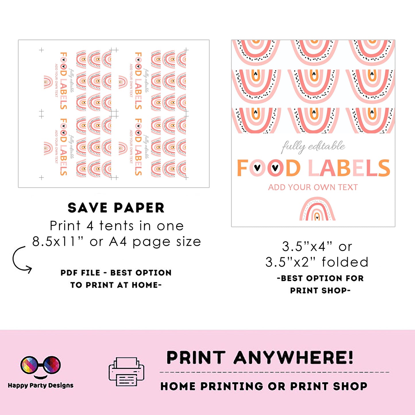 Boho rainbow Birthday food tent | Rainbow party | buffet labels | Boho birthday party | food label template