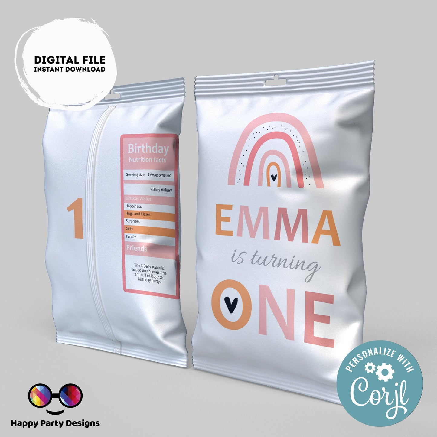 Editable Boho rainbow Chip Bag | Digital boho rainbow printable Chip Bag | Party Snack rainbow birthday girl | Personalized Favors  Corjl