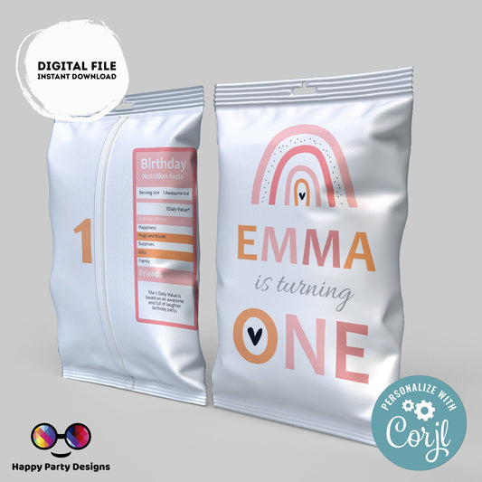 Editable Boho rainbow Chip Bag | Digital boho rainbow printable Chip Bag | Party Snack rainbow birthday girl | Personalized Favors  Corjl