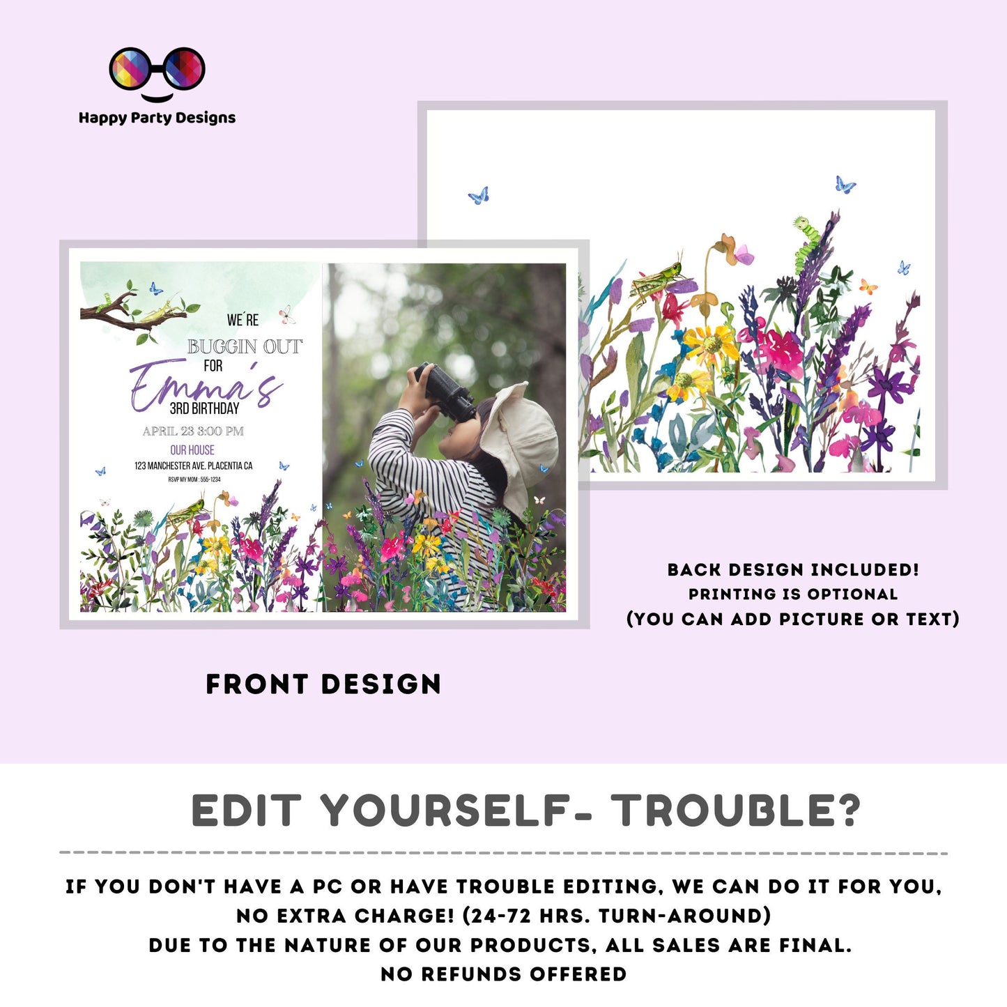 Editable Bug Birthday Photo Invitation Insect Party Bugging Outdoor bug Hunt Bugs Girl Download Printable Invitation Template Digital Corjl