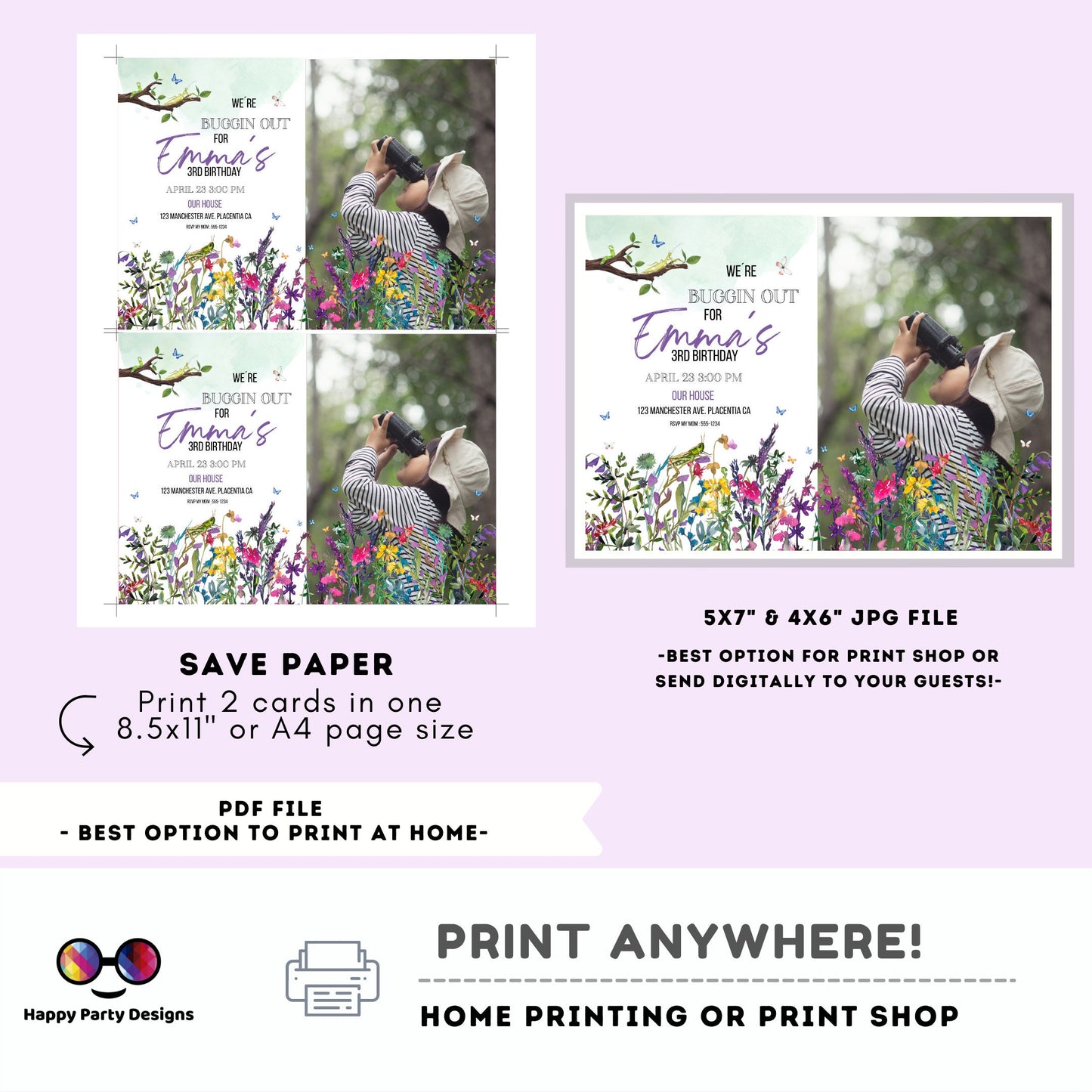 Editable Bug Birthday Photo Invitation Insect Party Bugging Outdoor bug Hunt Bugs Girl Download Printable Invitation Template Digital Corjl