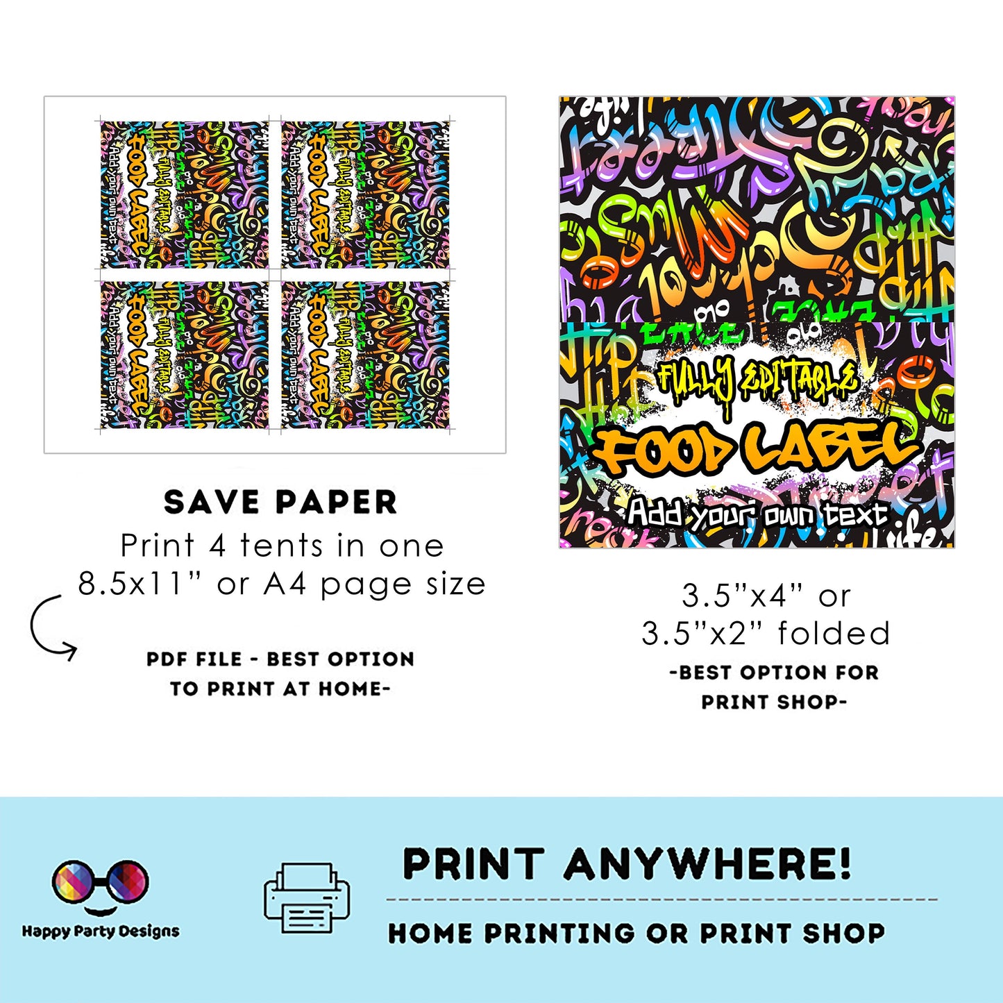 Editable Graffiti Birthday food tent | graffiti party | buffet labels | Graffiti birthday party | food label template | throwback party #K1