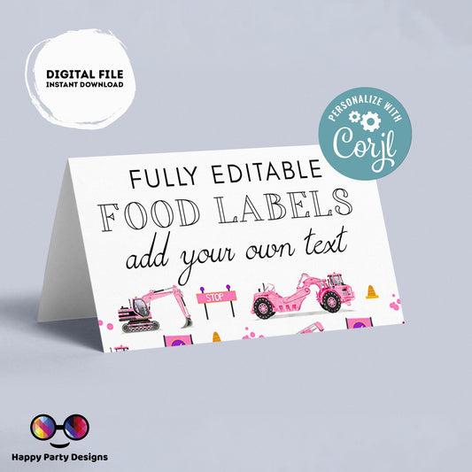 Editable pink Trucks Birthday food tent | Trucks party | buffet labels | Construction birthday party | girl birthday | Under construction