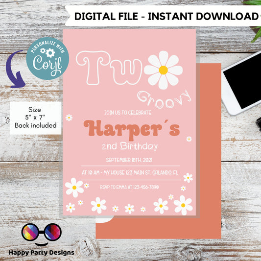 Two Groovy Birthday Invitation |  2nd Birthday | Retro Floral | 70s Flower Power | Daisy invite Download Editable Template Corjl