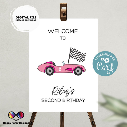 Editable Welcome Sign | racing pink car birthday | racing birthday Decorations | birthday Girl |  Welcome Sign | two fast Party | Any age!