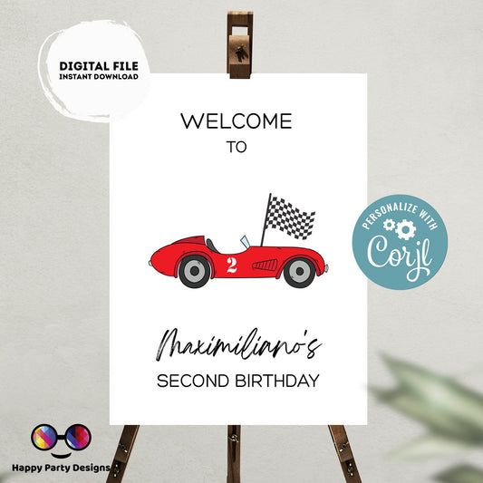 Editable Welcome Sign | racing red car birthday | racing birthday Decorations | birthday boy |  Welcome Sign | two fast Party | Any age!