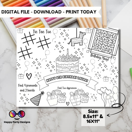 Editable happy birthday placemat | Placemat coloring page | Any Age | birthday activity for kids |  Party Activity | Piñata party