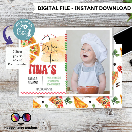 Editable Pizza Party photo invitation | Digital pizza party printable invite | Birthday boy | Birthday girl | pizza party  Invitation | #K46