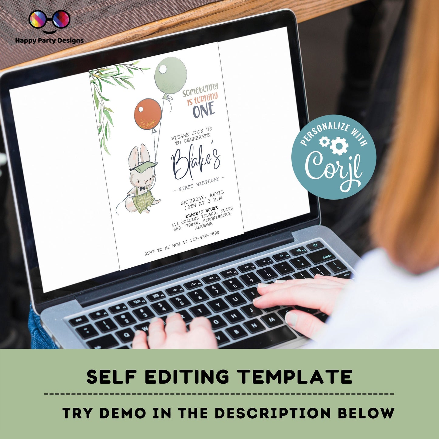 Editable Bunny First Birthday Invite | Some Bunny is turning One Birthday Invitation | Easter Boy Bday Invite | Any Age | EDITABLE ON LINE