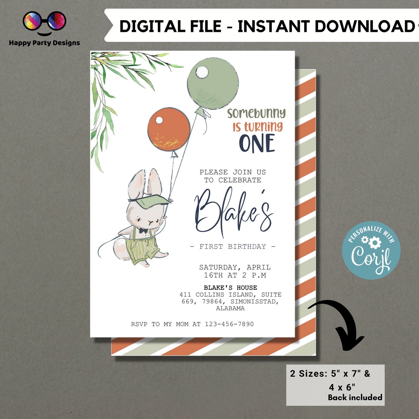 Editable Bunny First Birthday Invite | Some Bunny is turning One Birthday Invitation | Easter Boy Bday Invite | Any Age | EDITABLE ON LINE