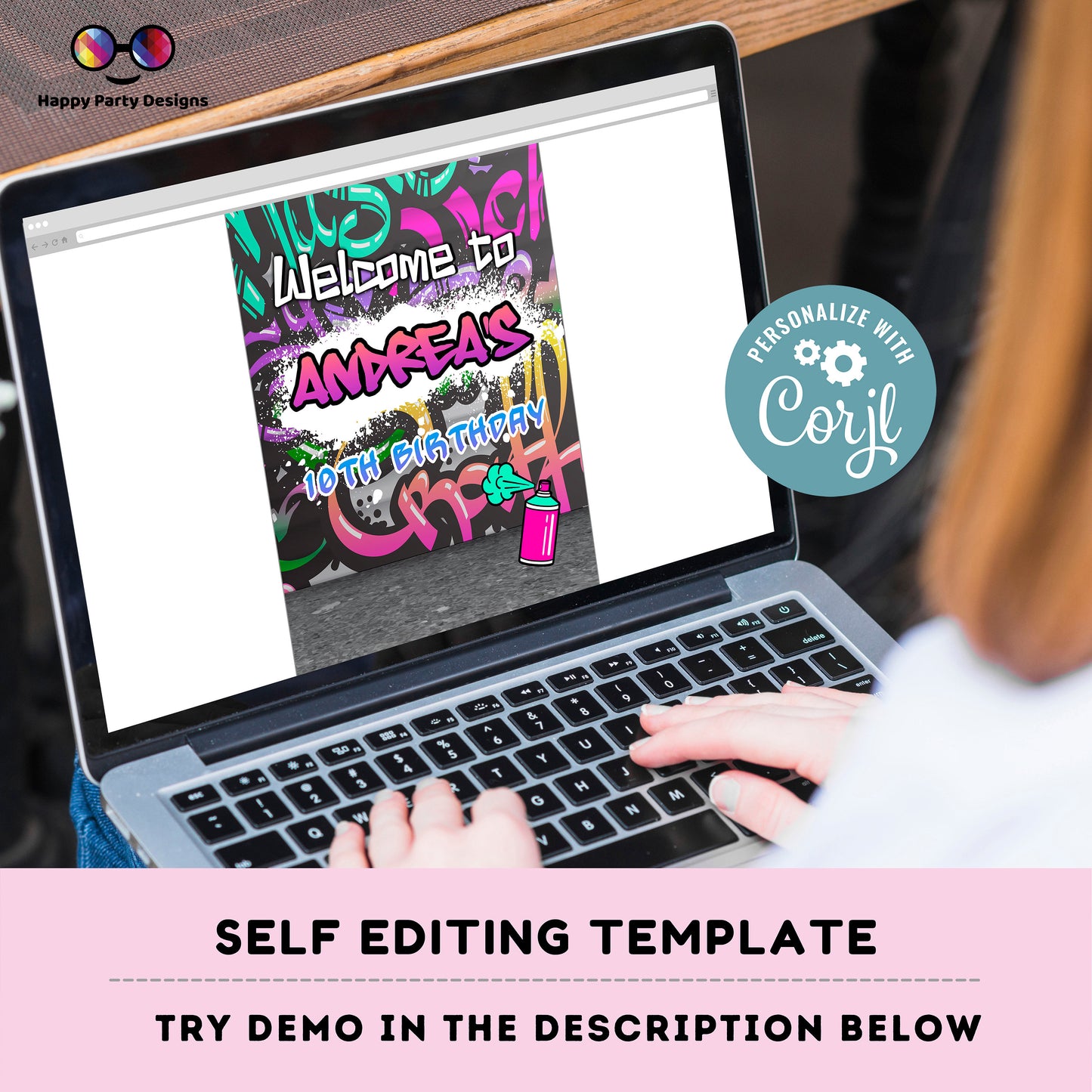 Editable Graffiti Welcome Sign | Digital graffiti printable Pink Welcome sign  | Birthday Girl | Graffiti party | Personalize Online #K2