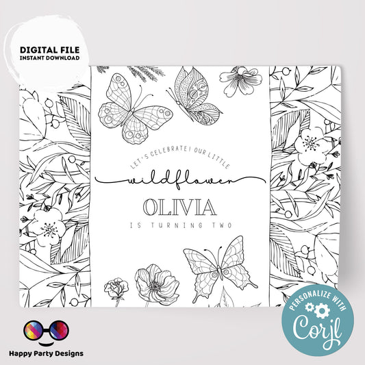 Editable Wildflower coloring page | Placemat coloring page | Any Age | Spring birthday | Wildflower Party Activity #K73