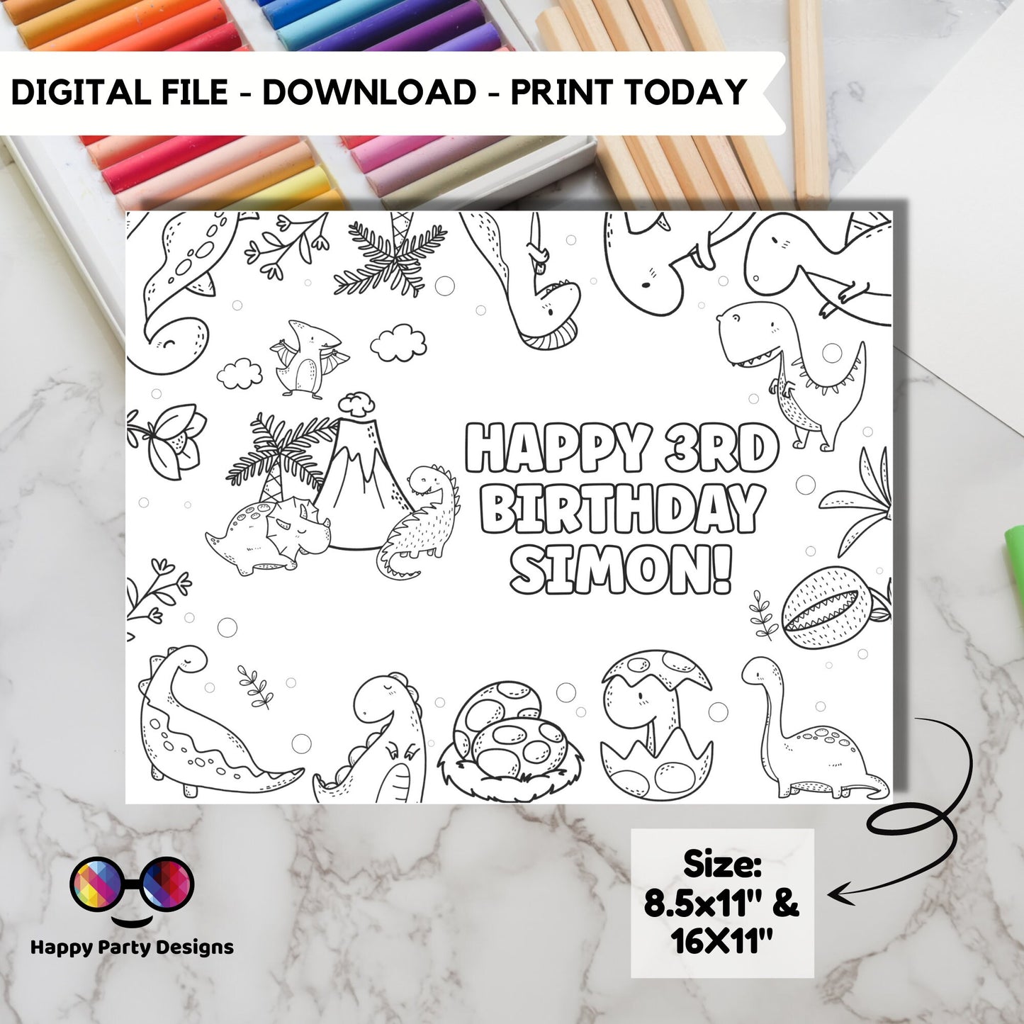 Editable Baby Dino coloring page | Placemat coloring page | Any Age | Dinosaur birthday | Dinosaur Party Activity | bag filler