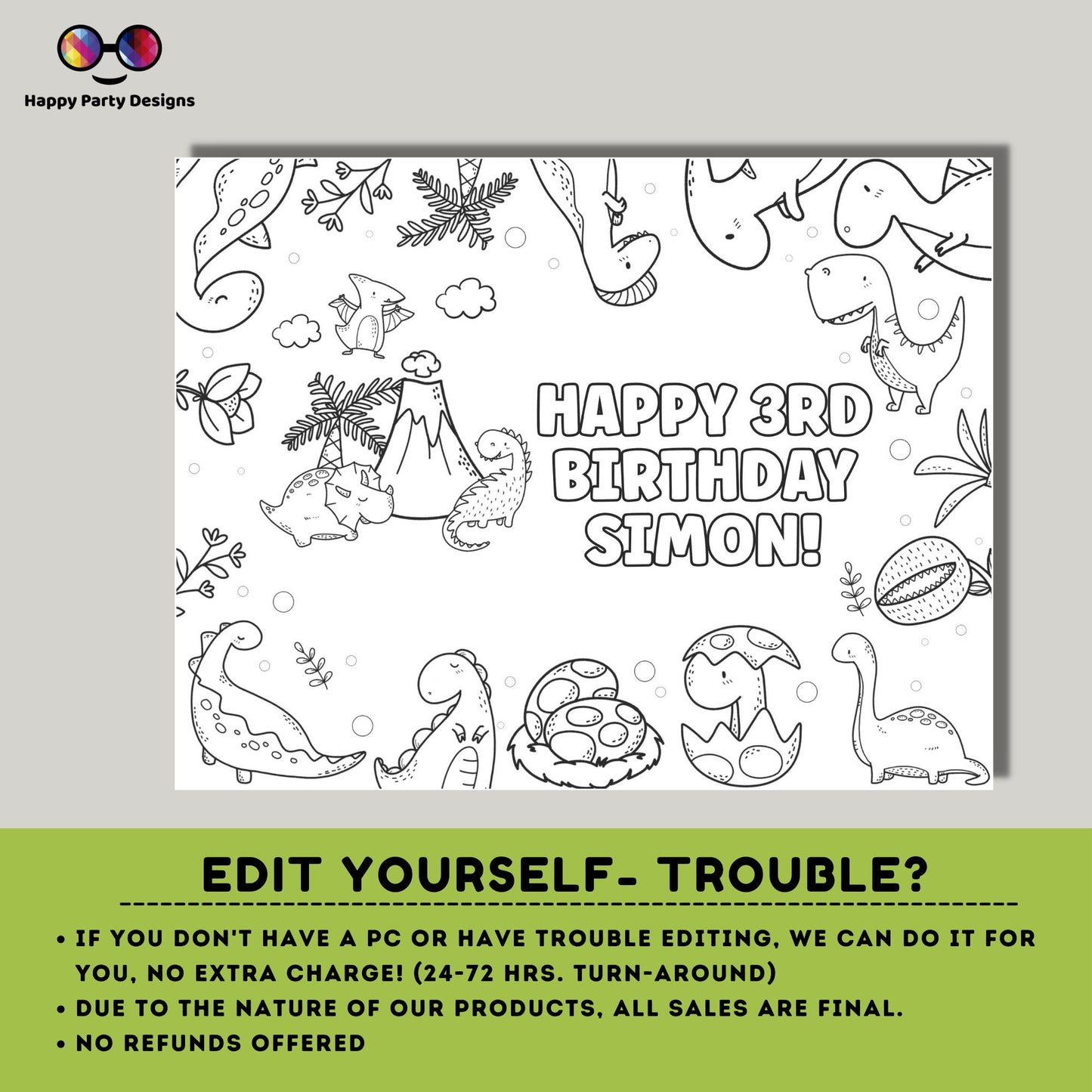 Editable Baby Dino coloring page | Placemat coloring page | Any Age | Dinosaur birthday | Dinosaur Party Activity | bag filler