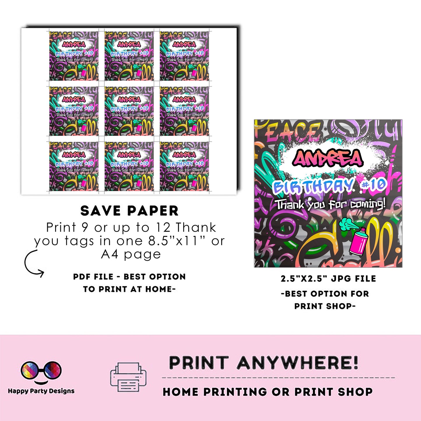 Editable Graffiti Thank you tag | Digital graffiti printable thank you tag  | Birthday girl | Graffiti Thank You tag | Personalize  #K2